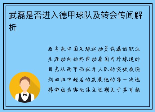 武磊是否进入德甲球队及转会传闻解析
